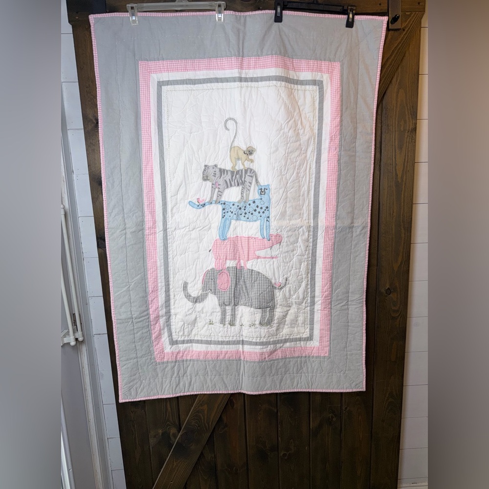 Pottery Barn Kids Gray and Pink Animal‎ Stack Quilt